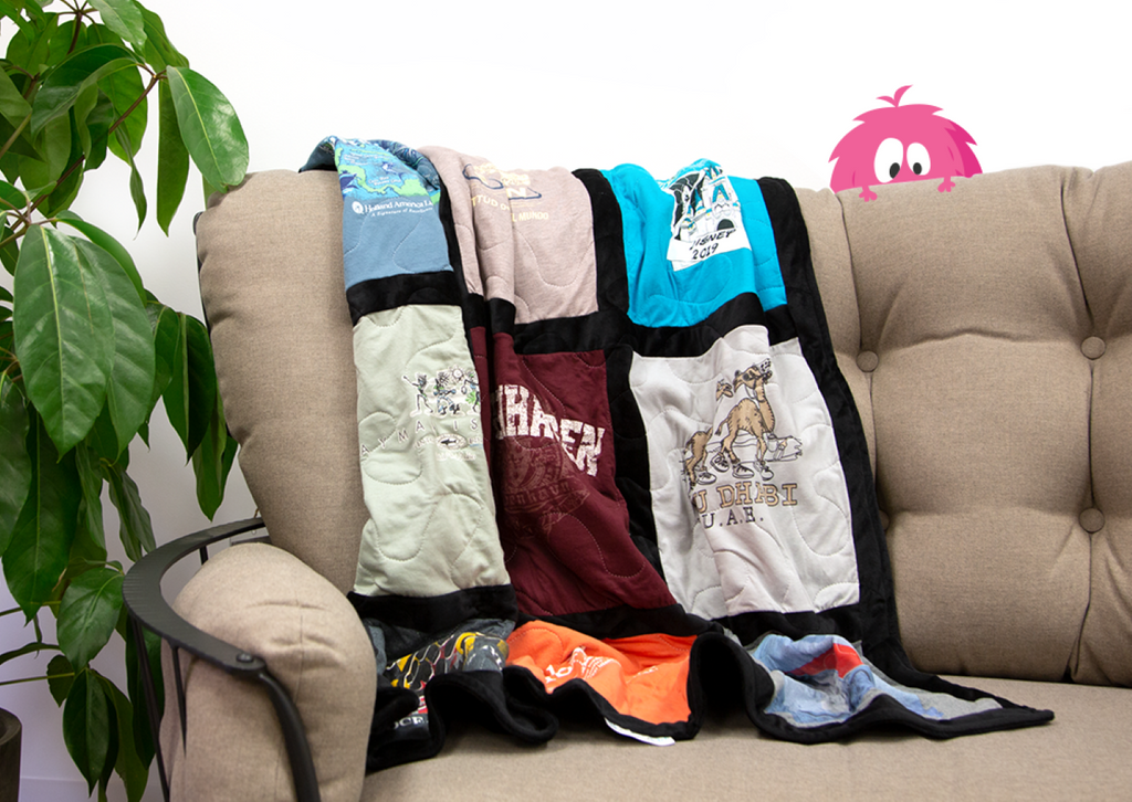 Fuzz Monsta t-shirt quilt on couch